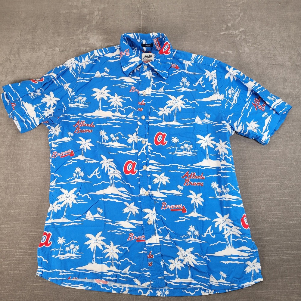 Reyn Spooner Aloha Classic Button Up Shirt Men's Size Small Blue Atlanta Braves